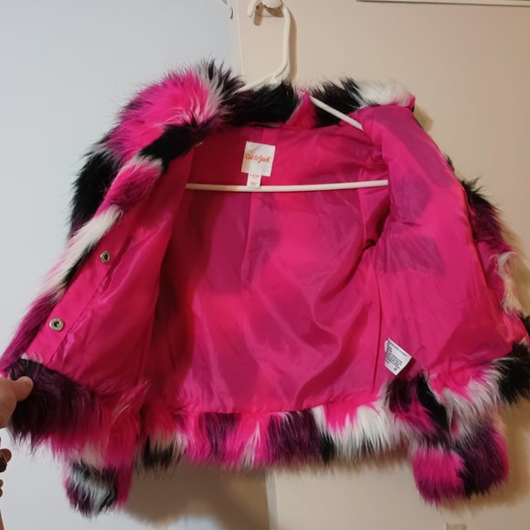 Cat & Jack Monster Eyes Pink, Black & White Fuzzy Faux Fur Coat (Sz. Small 6-6X) - Picture 3 of 4